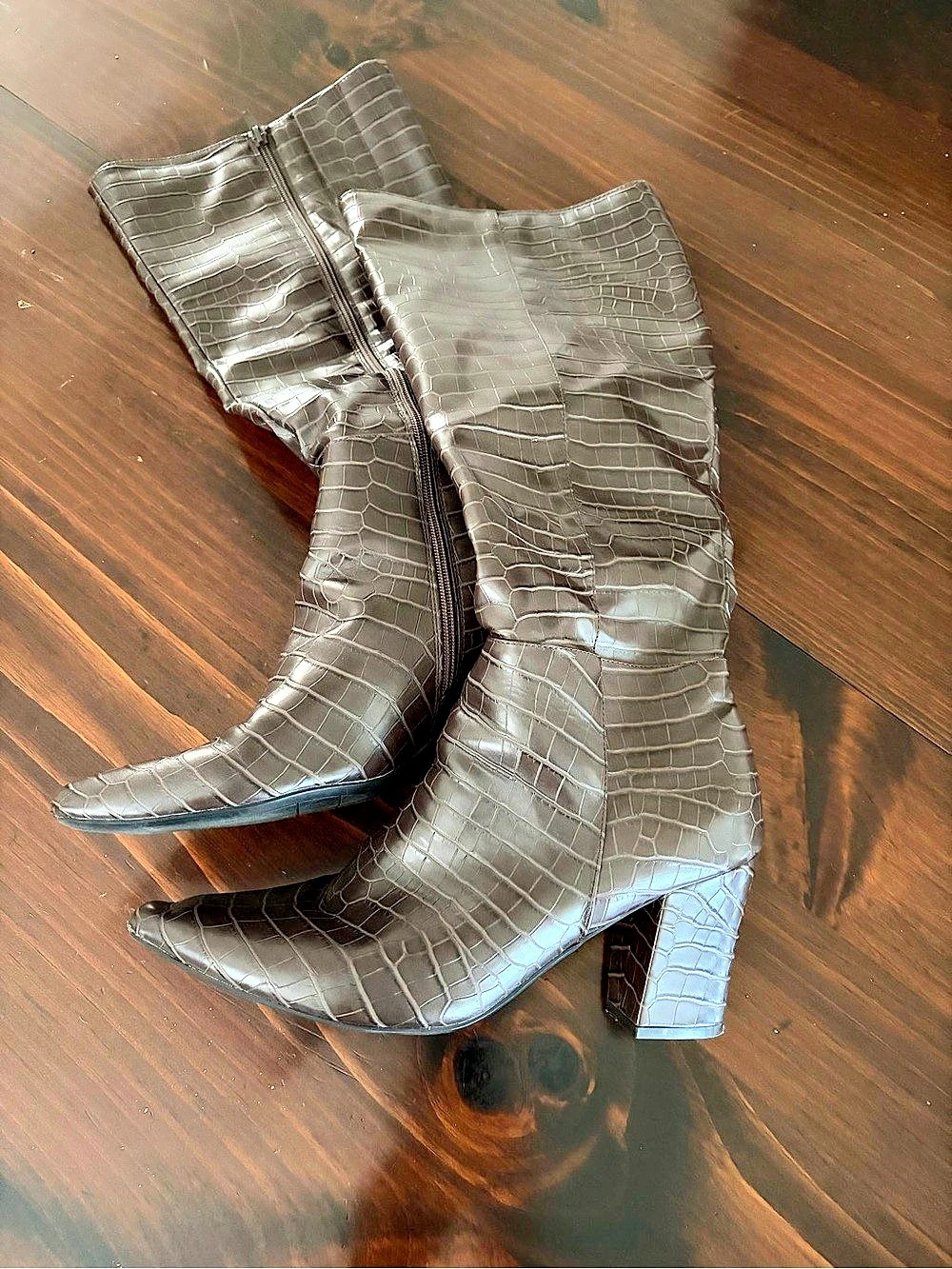 LifeStride Stratford Knee High Boot Crocodile-Embossed Brown Heeled Boots